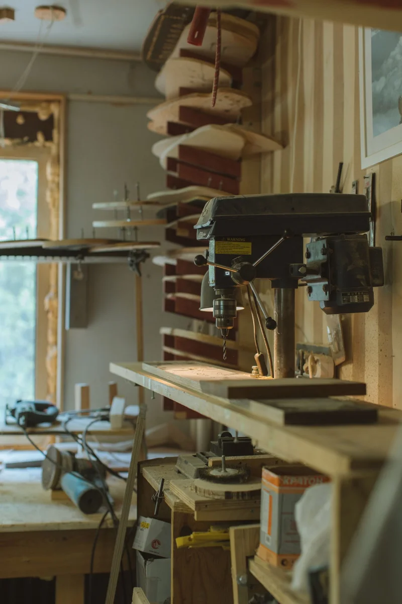 Drill on a shelf in a workspace.