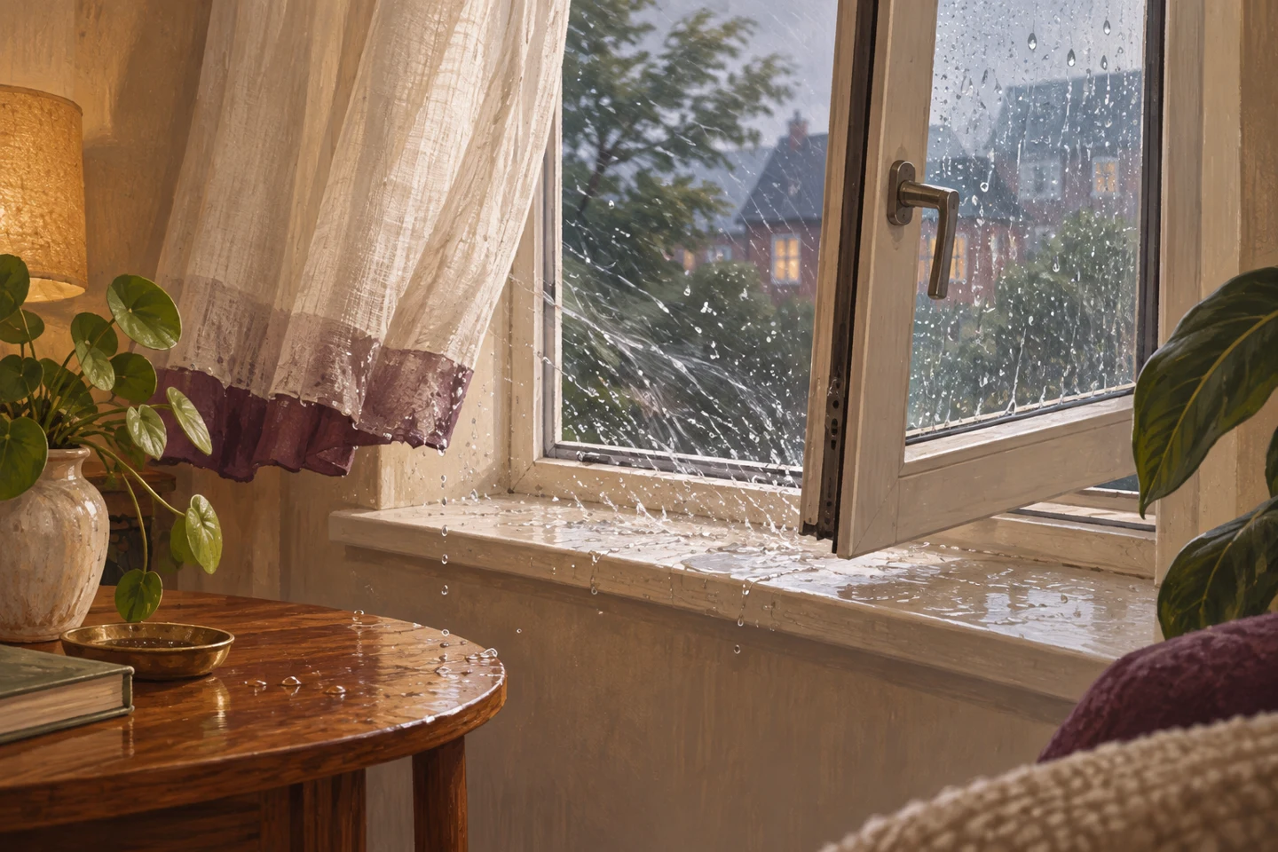 Illustration of rain entering an open window onto the sill
