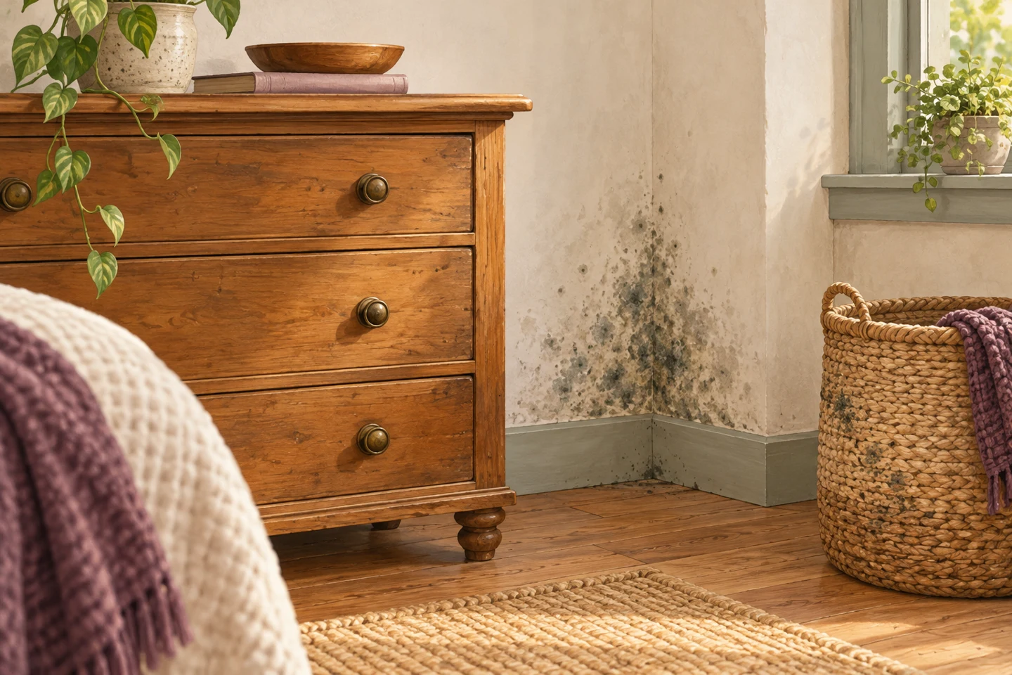 Illustration of mould behind a chest of drawers and on a storage basket