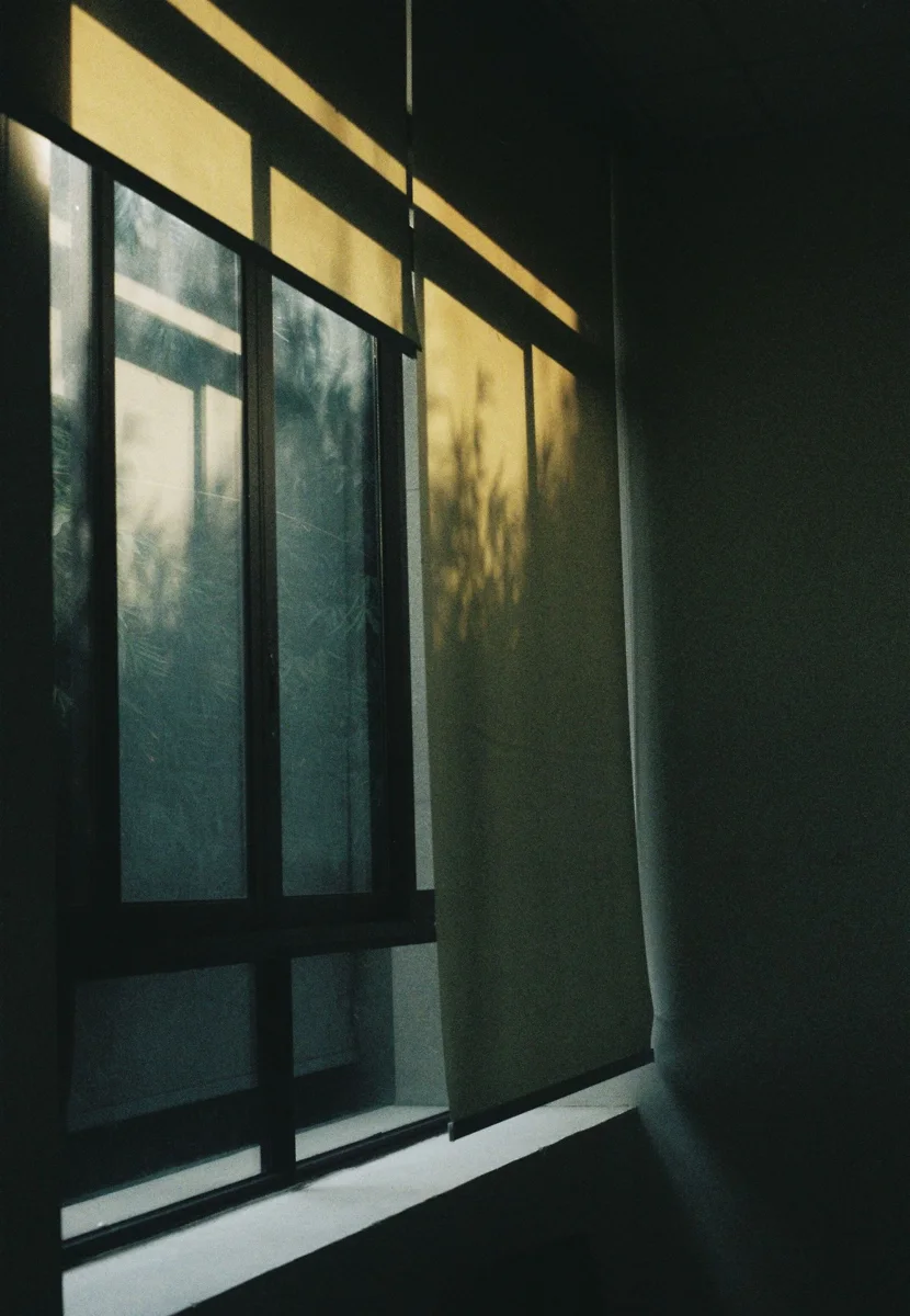 A window fitted with roller blinds