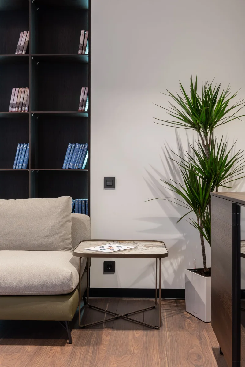 Living room with a sofa, table, and books on wall shelves