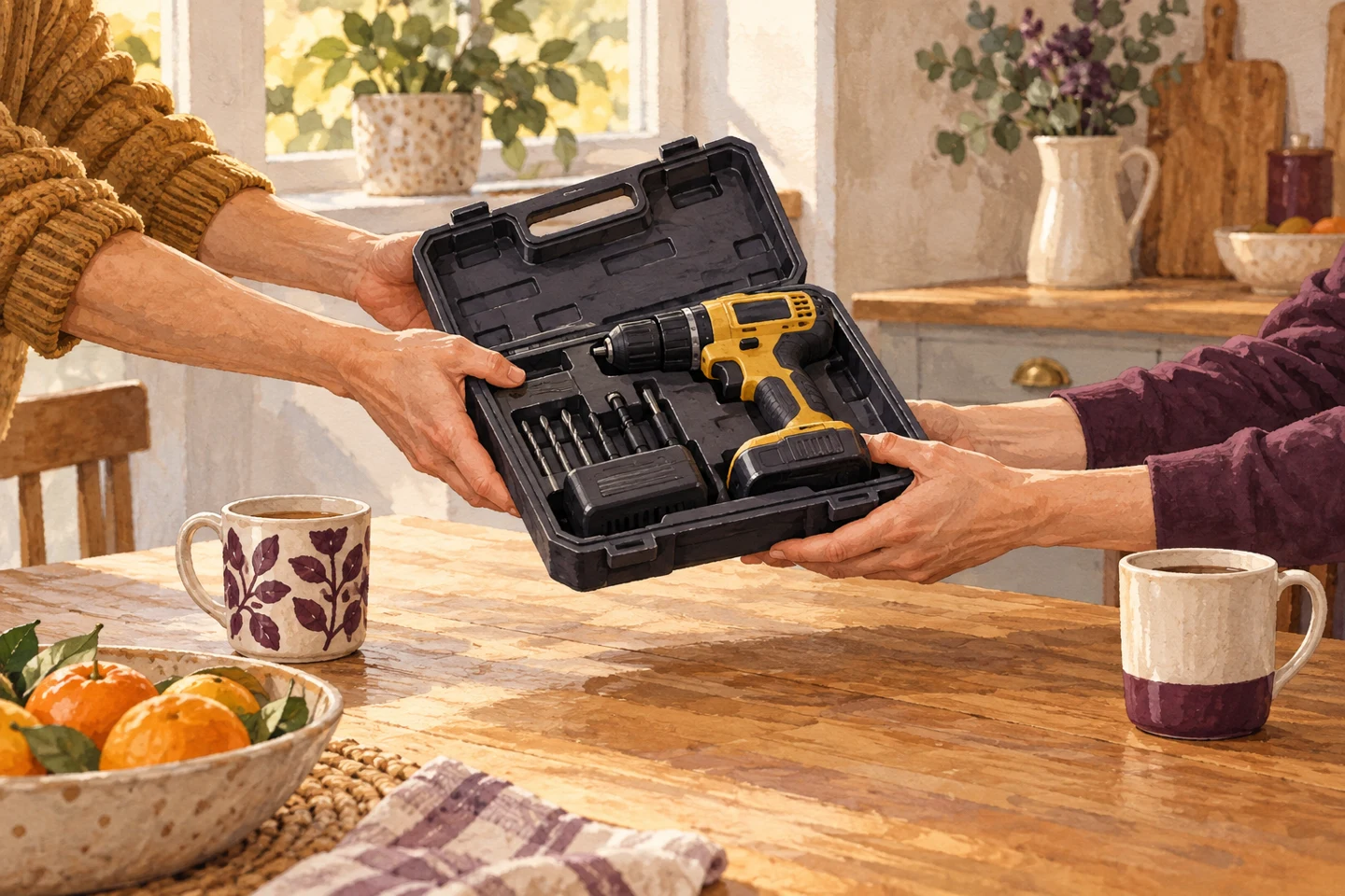 Illustration of two people handing over a drill in its case