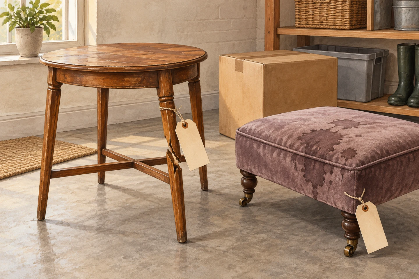 Illustration of damaged furniture set aside for assessment