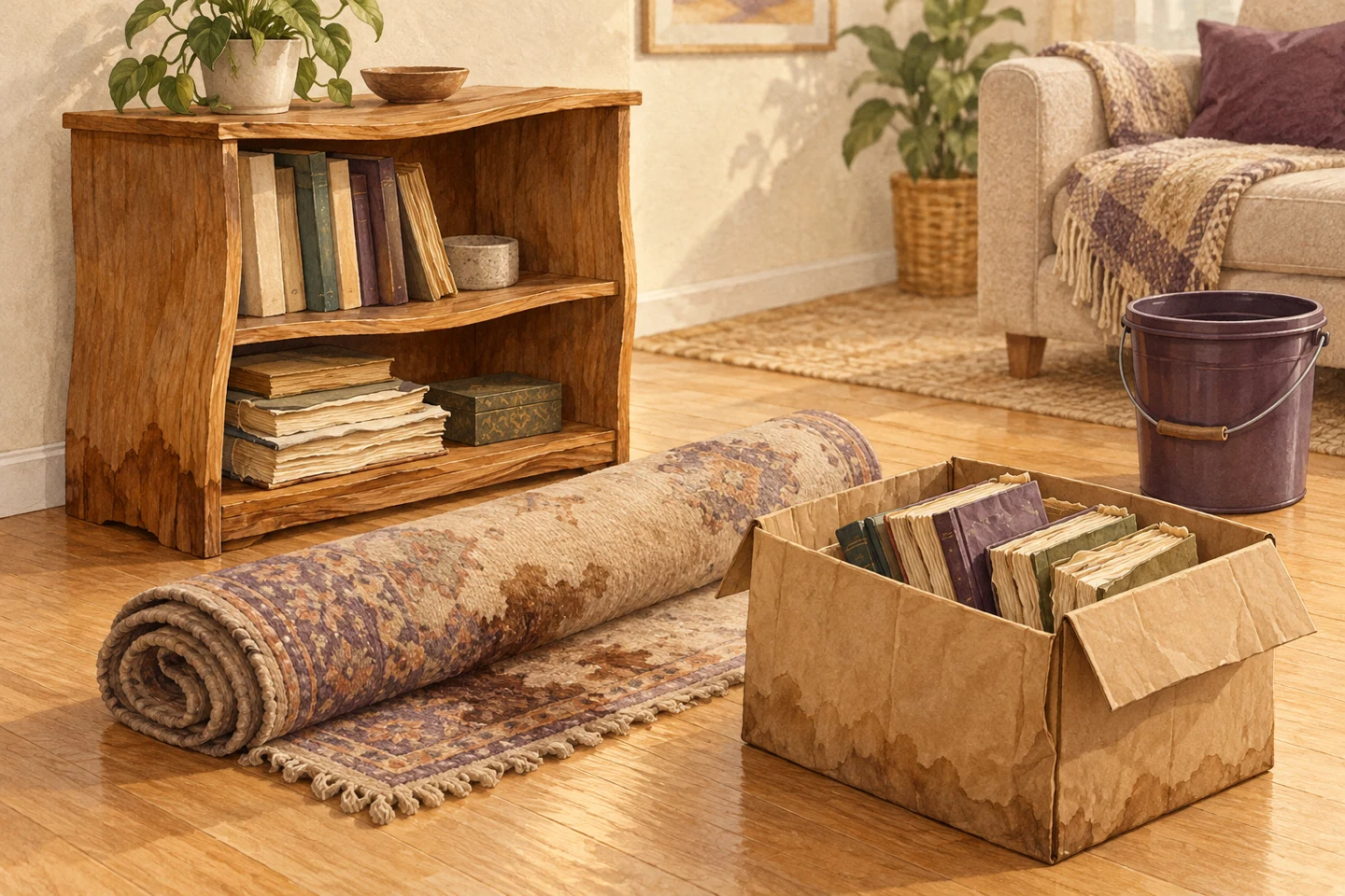 Illustration of a damaged shelf, rug and damp books
