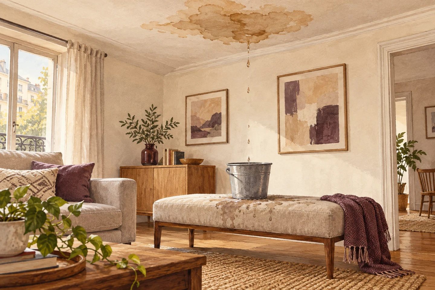 Illustration of a ceiling leak above an upholstered bench