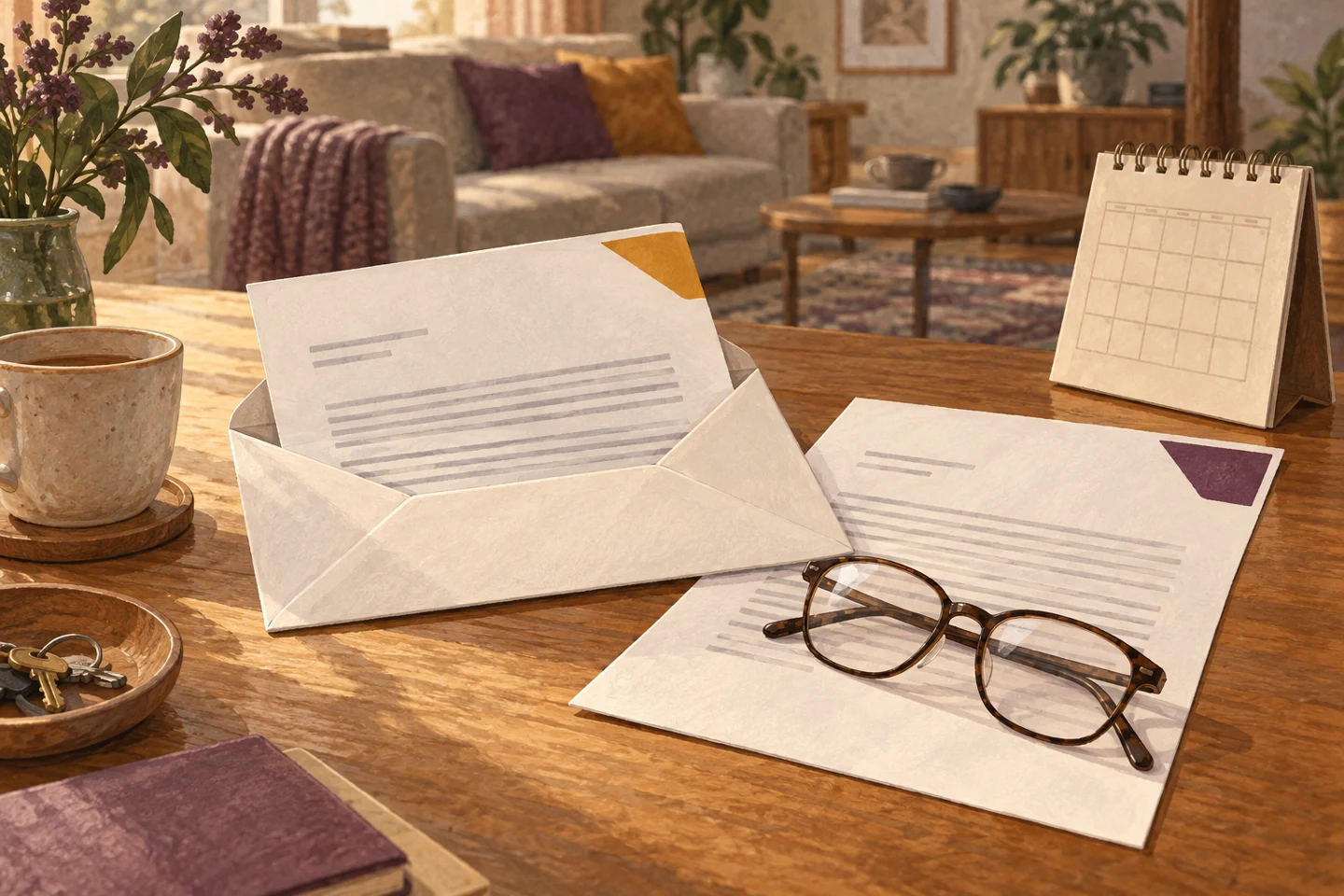 Illustration of two letters beside a calendar and reading glasses